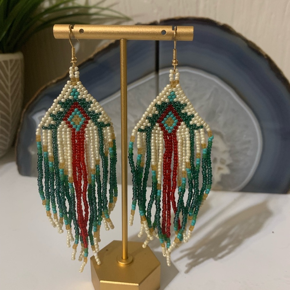 Elegant Beaded Earrings with Red and Green Fringe